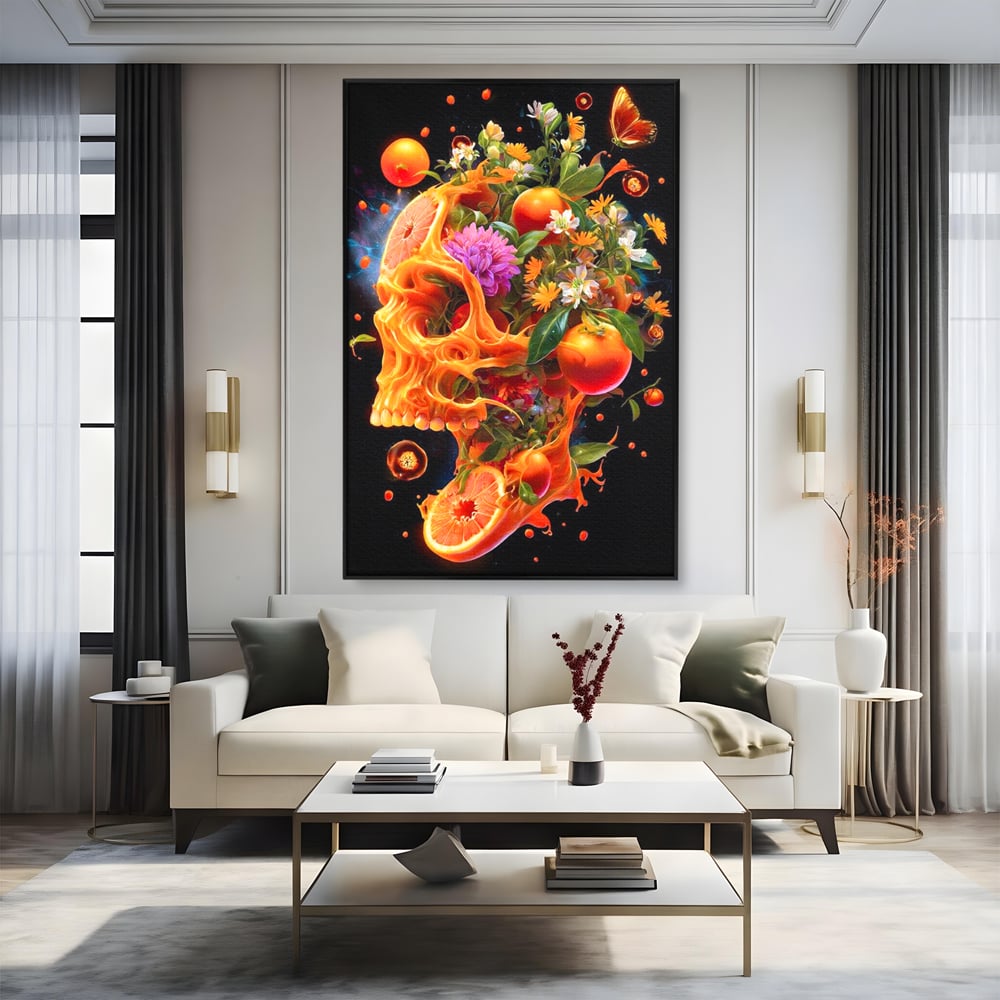 Tablou canvas cu tablou canvas cu craniu din portocale, in rama de aluminiu negru, pe perete intr-un living